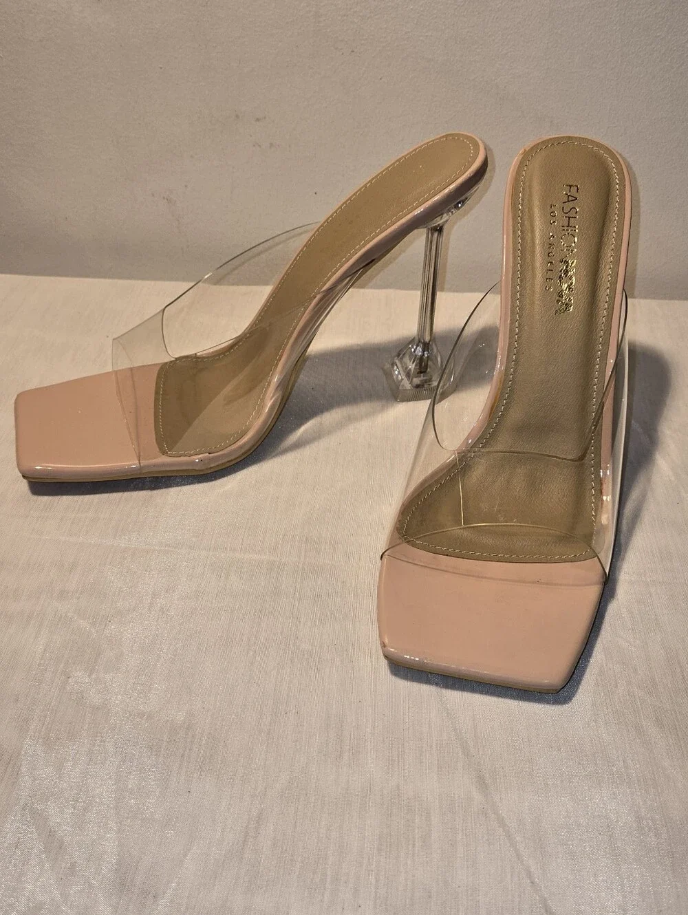 Fashion Nova Nude Clear Strap Mule Heels